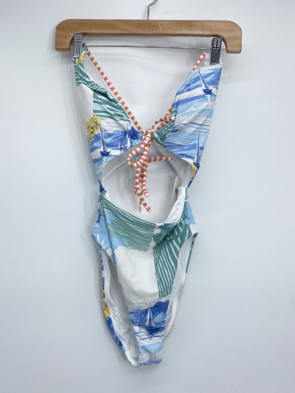 Celandine Womens One-Piece Swimsuit Boat Collage Size XS Marleigh Double Tie